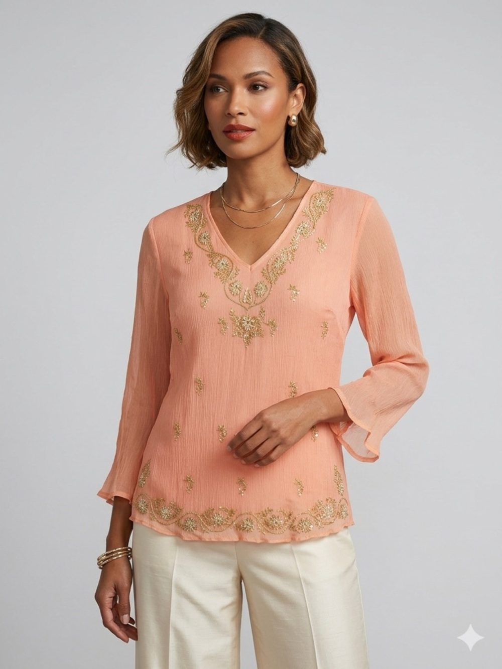 VTG Edward Silk Embroidered Sheer Blouse Peach Gold Floral Size M.